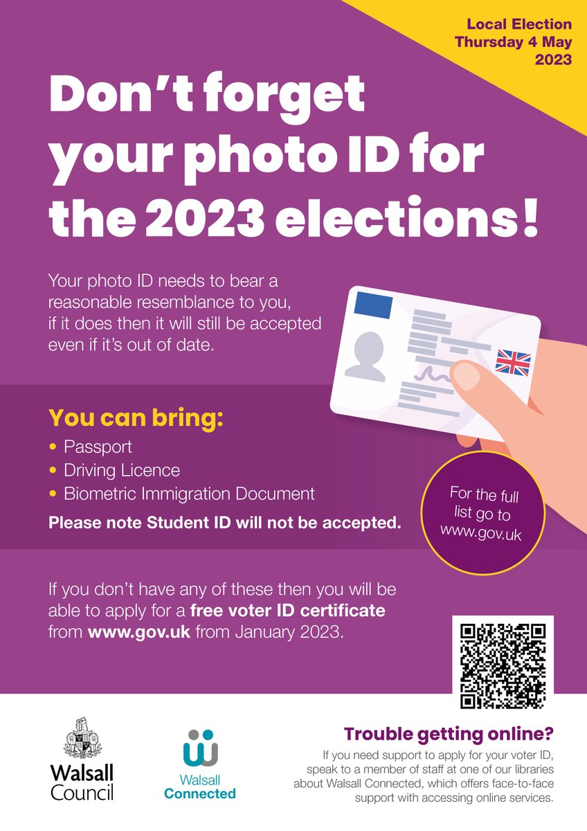The deadline to register to vote for local elections is Monday 17 April.

Remember, you will need a valid photo ID for all upcoming elections.

Find out more here: go.walsall.gov.uk/your-council/v…