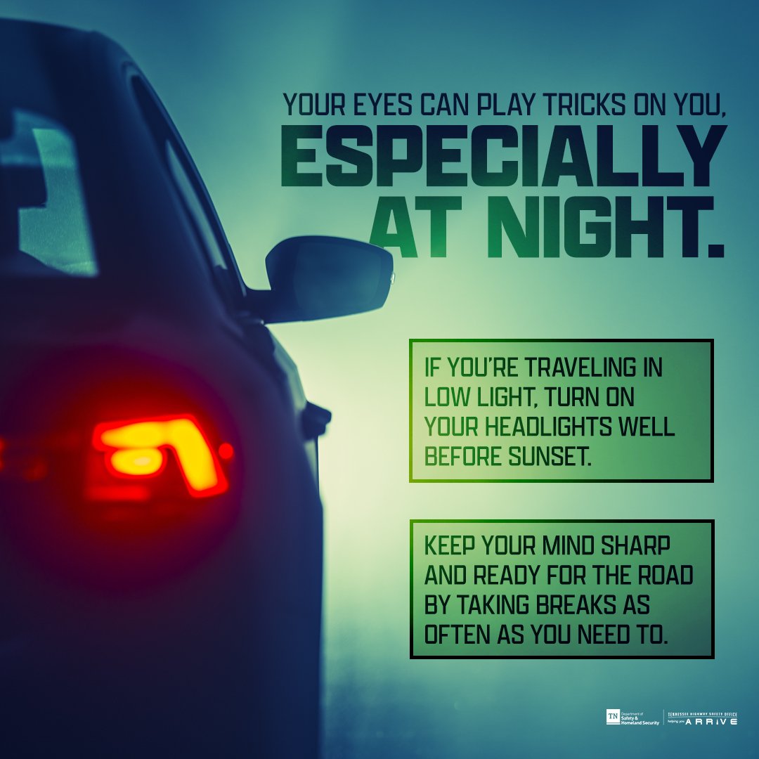 Your eyes can play tricks on you, especially at night. If you’re traveling in low light, turn on your headlights well before sunset, and keep your mind sharp and ready for the road by taking breaks as often as you need to. #DrowsyDriving