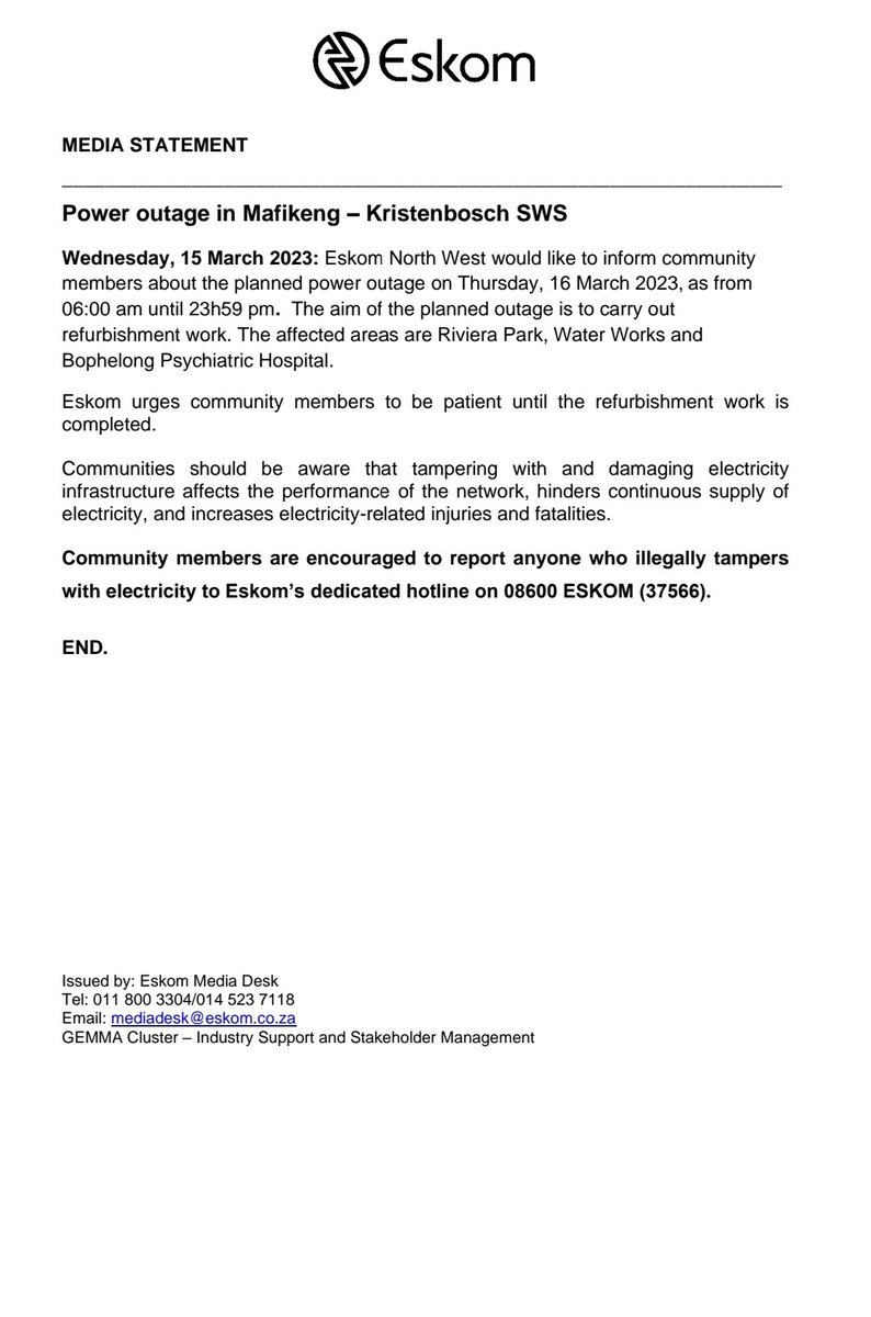 #EskomNorthWest #MediaStatement

Power outage in Mafikeng – Kristenbosch SWS