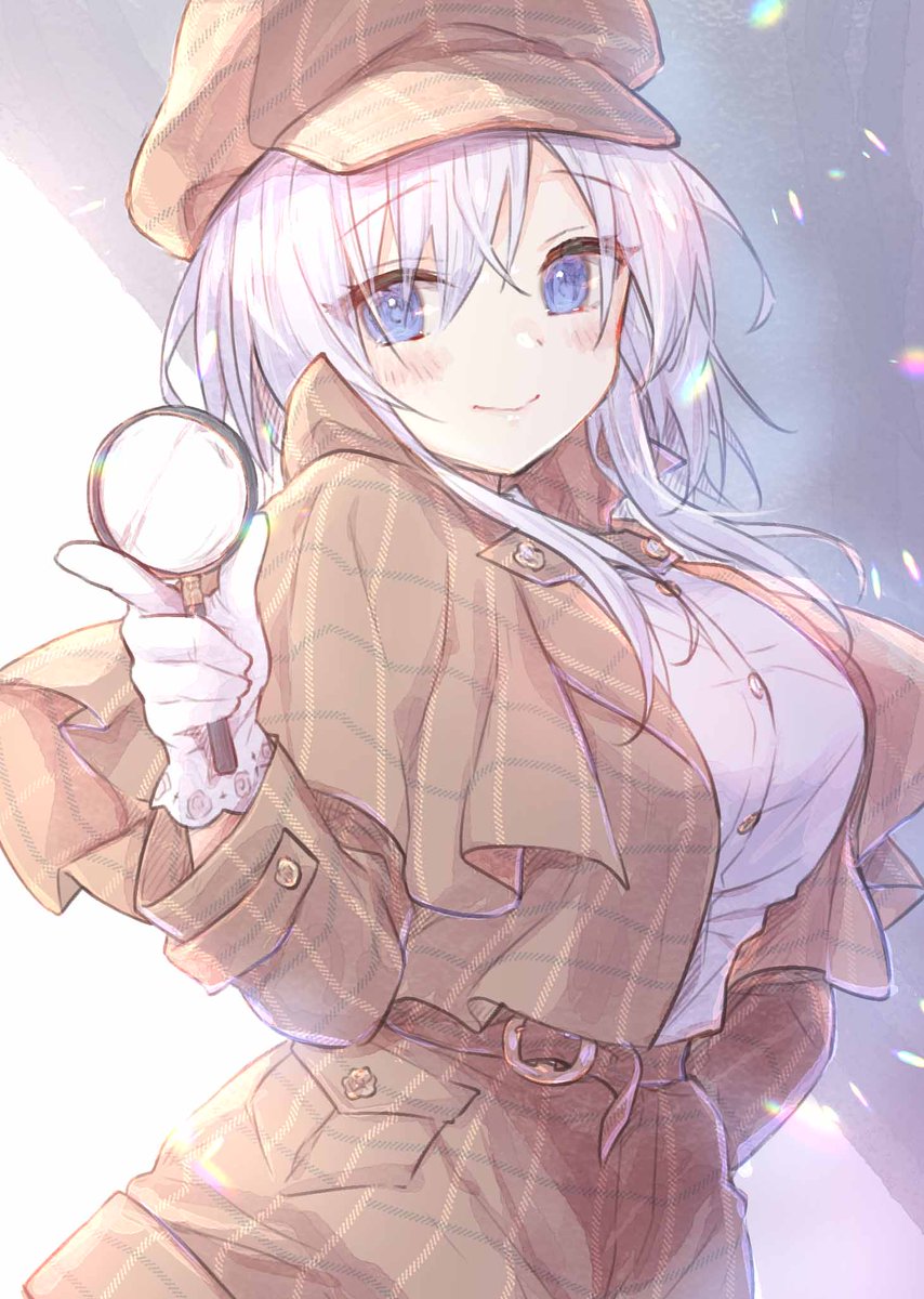 1girl solo detective hat blue eyes magnifying glass deerstalker  illustration images