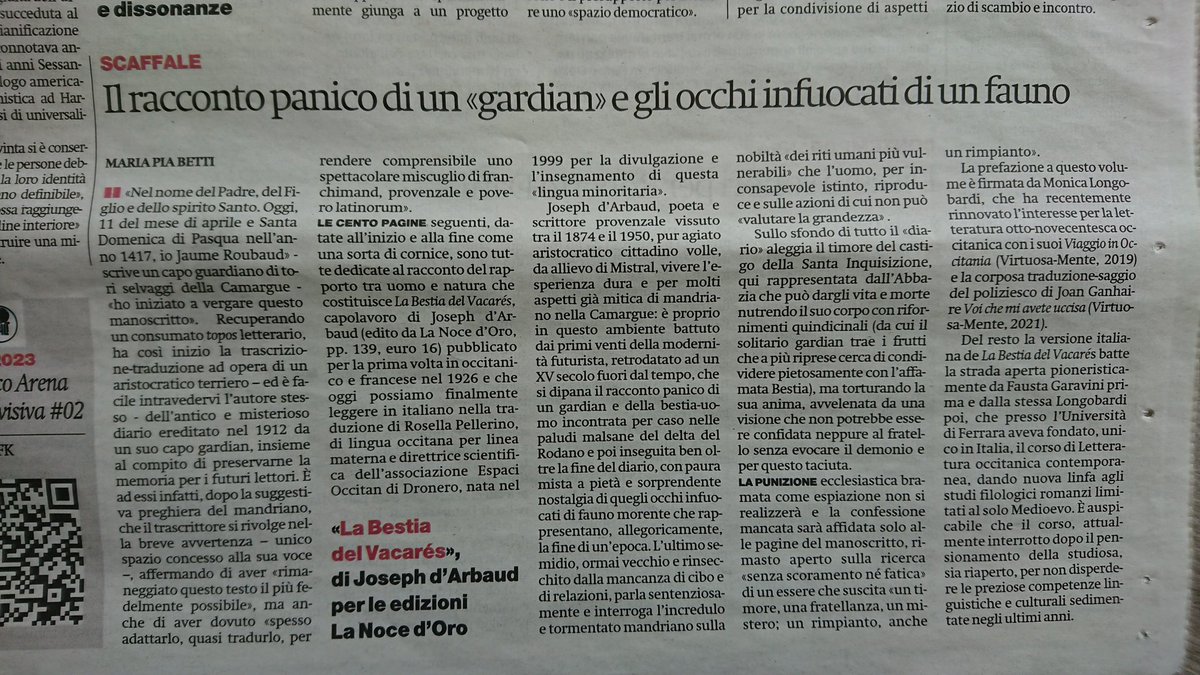 Oggi #labestiadelVacares, il libro di Joseph d'Arbaud per cui ho realizzato la prima traduzione in italiano, è recensito su <a href="/ilmanifesto/">il manifesto</a>. Grazie Maria Pia Betti! 😊