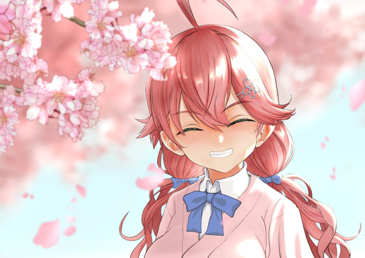 sakura miko 1girl ahoge cherry blossoms closed eyes solo smile hair ornament  illustration images
