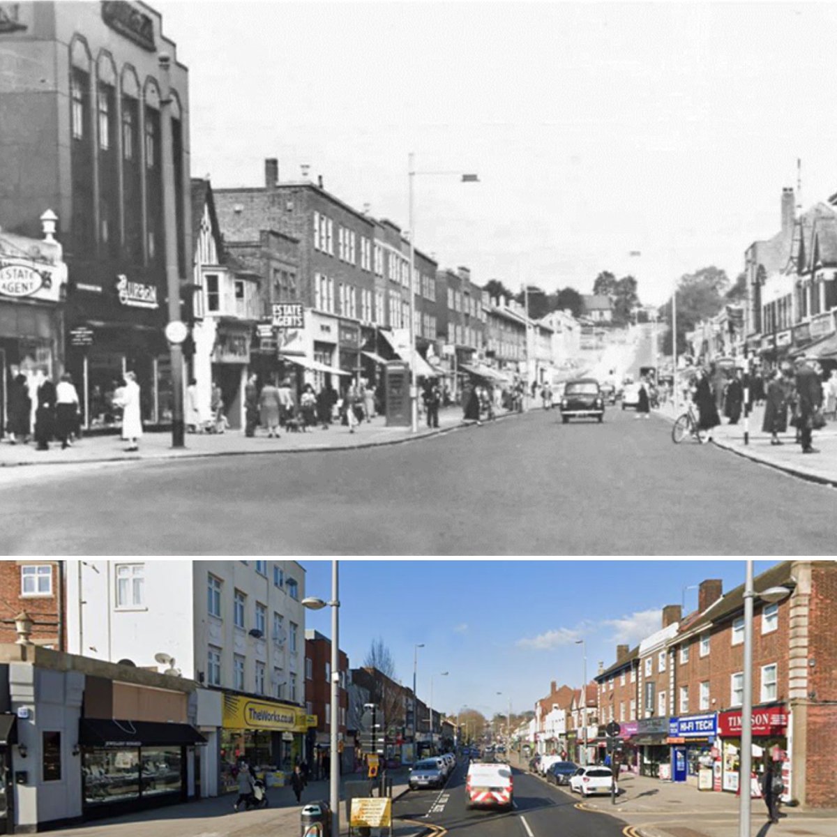ChingfordHist's tweet photo. Old Church Road, Chingford in the mid-1950s. On the left is the tall Burton store, built in c1939 with an art deco granite façade. Above the shop was a snooker hall. Burtons was founded by Sir Montague Maurice Burton in Chesterfield in 1903. #chingford #history #burtons https://t.co/HTGEgs0tcf