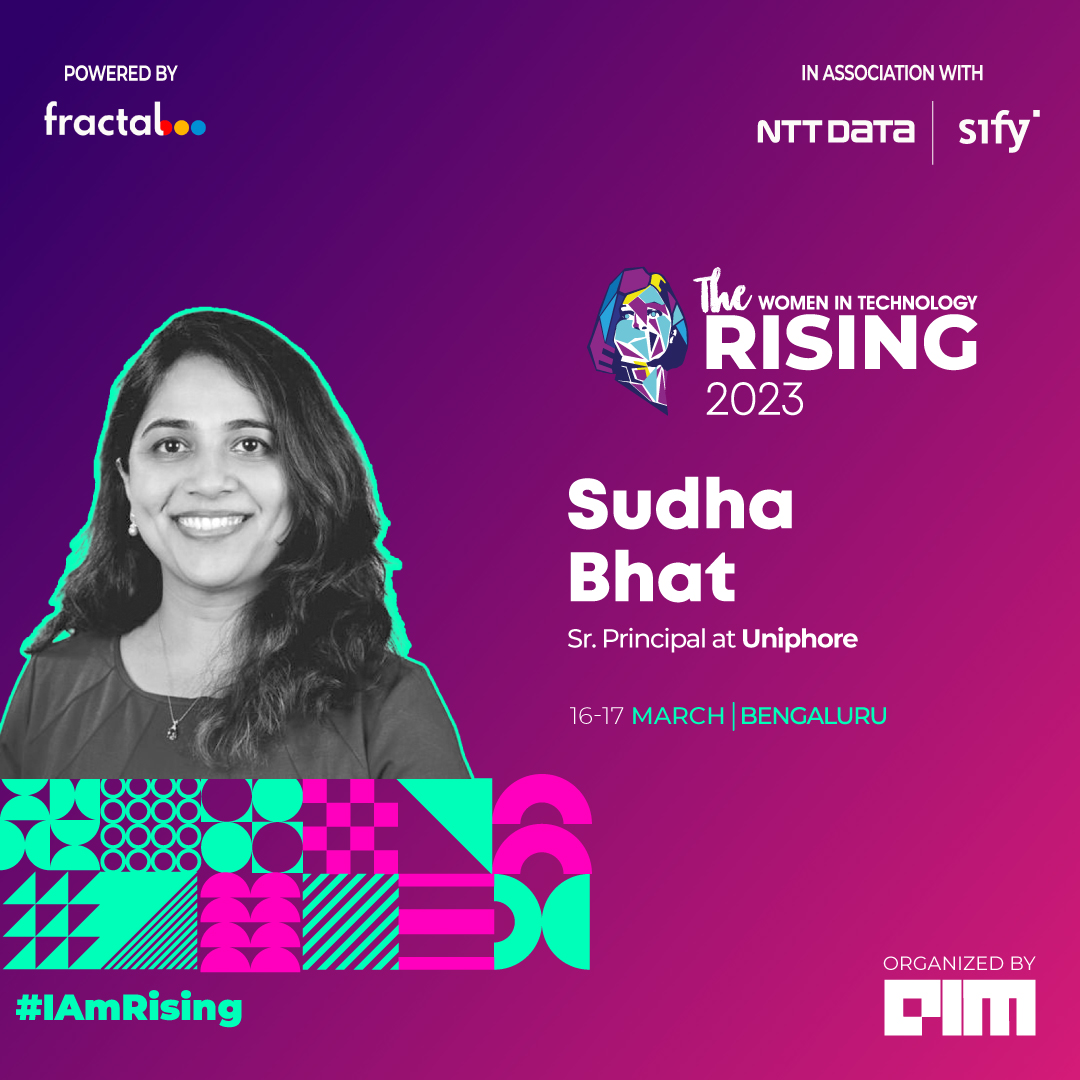 #IAmRising | 16-17th March| Bangalore
We are excited to announce that Sudha Bhat, Sr. Principal at <a href="/uniphore/">Uniphore</a>, will join us for an engaging panel discussion at The Rising 2023.

Details - lnkd.in/gMWiUrpf

#WomenInTech #DiversityInTech #TechSummit