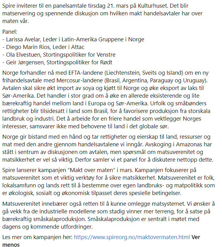 avelarlarissah's tweet photo. EU-Mercosur banker på døra!
Kan frihandelsavtaler redde oss fra matkrisen på en rettferdig måte?
Det korte svaret er nei, men kom til Kulturhuset  og hør det lange! @Spireorg arrangerer debatt med Diego Rios i @AttacNorge, @olaelvestuen og Geir Jørgensen fra @Raudt og meg
Vi ses! https://t.co/Ydzy3IzhLi