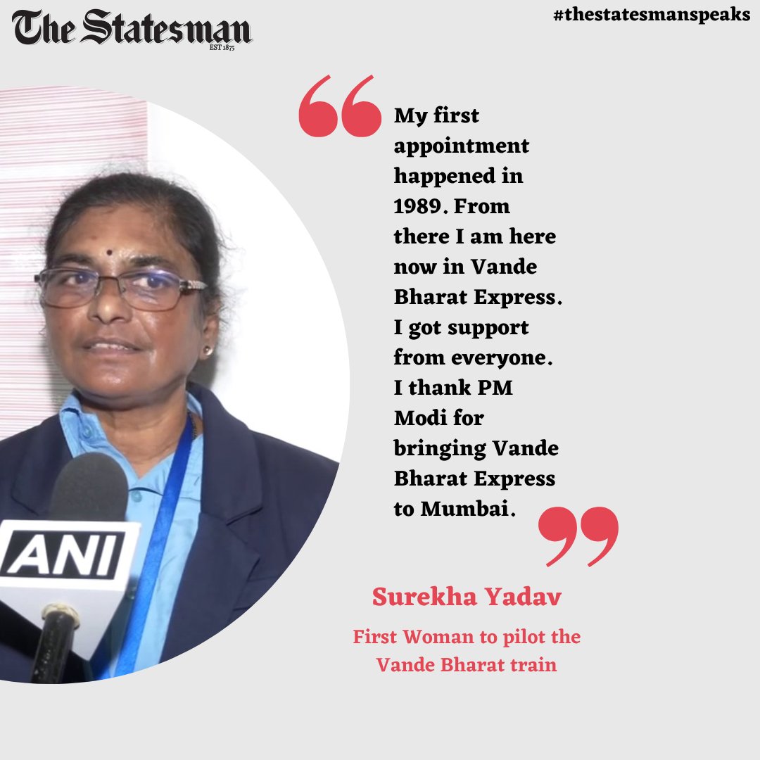 TheStatesmanLtd's tweet photo. “My first appointment happened in 1989…” : Surekha Yadav, First Woman to pilot the Vande Bharat train.
#thestatesmanspeaks #SurekhaYadav #VandeBharat #train #firstwomanpilot #India https://t.co/zIGTIahMPs