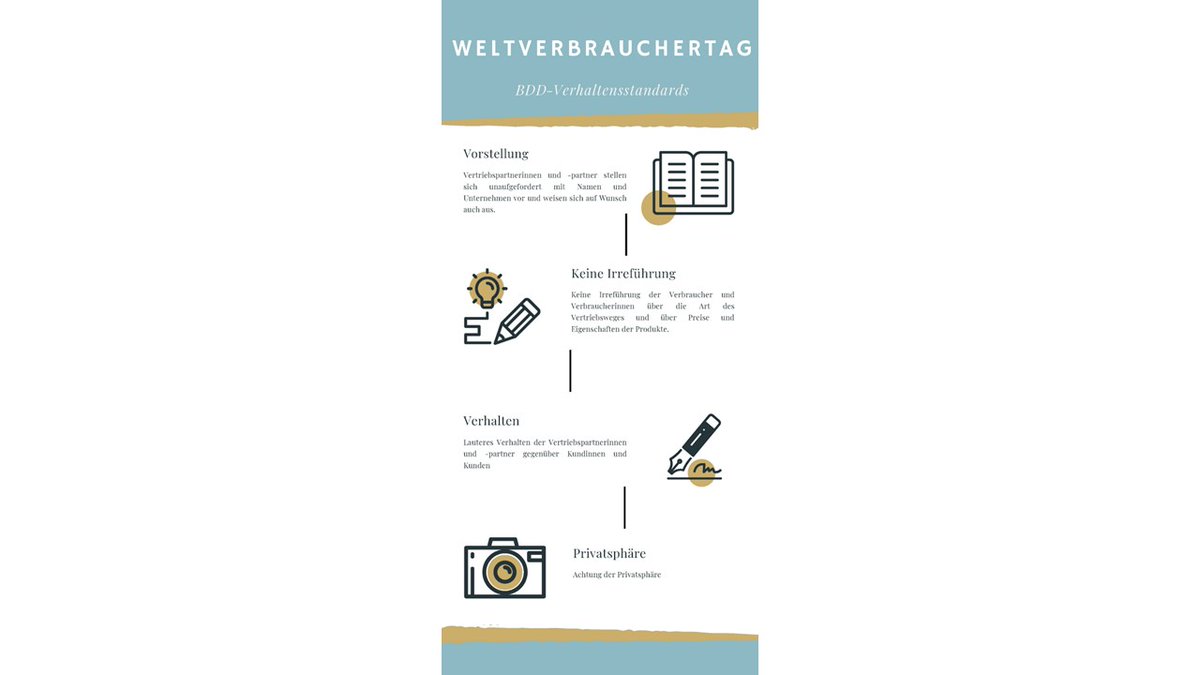 Zum #weltverbrauchertag macht der #bdd auf die 1980 vom Verband etablierten Verhaltensstandards aufmerksam, die ein sauberes Marktverhalten garantieren und Schutz vor unseriösen Geschäftspraktiken bieten: direktvertrieb.de/de/verhaltenss…
