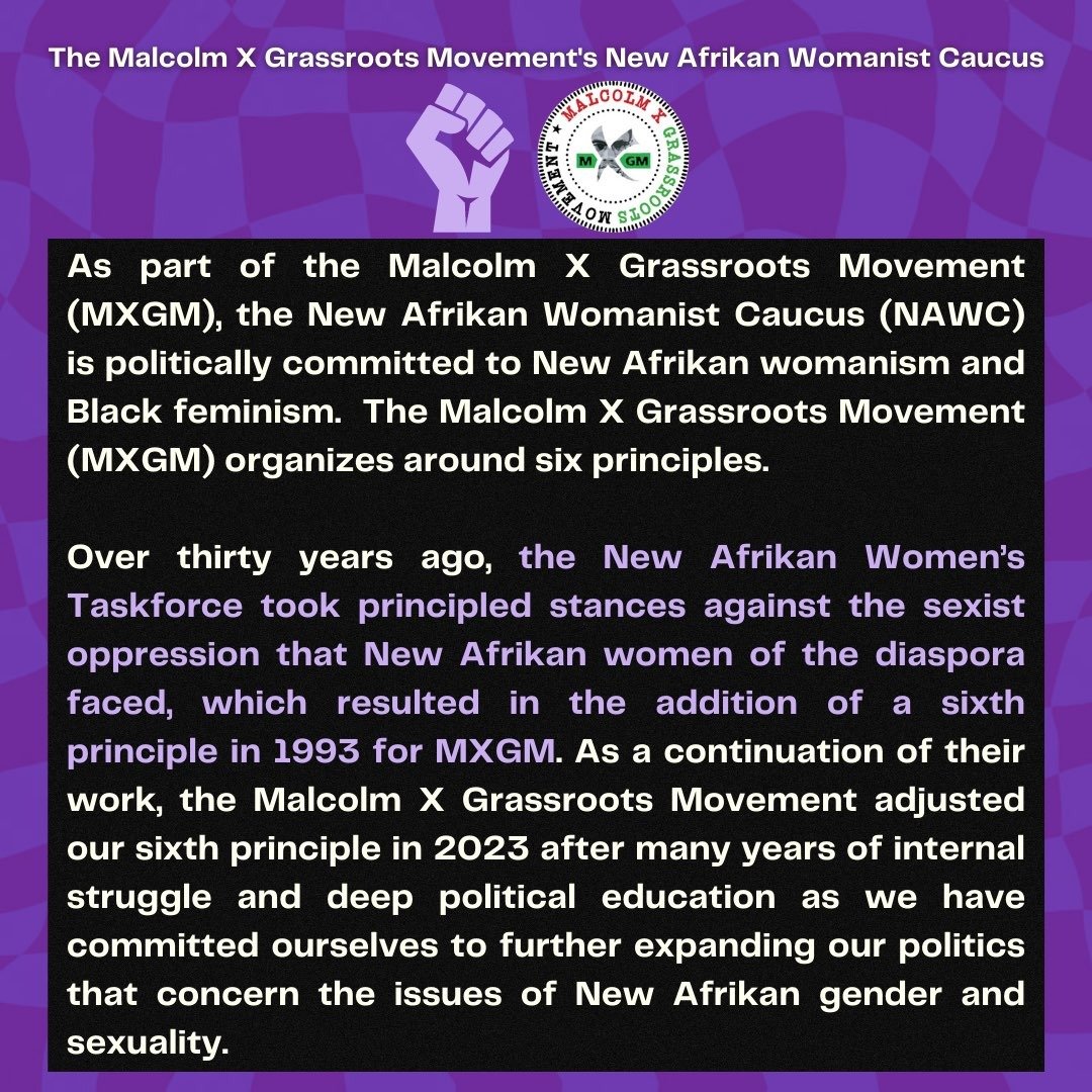 MXGMNyc's tweet photo. As part of @MXGMNational , NAWC is politically committed to New Afrikan womanism and Black feminism. Here is our statement regarding Transphobia, Black Feminism, and Womanism. #FreetheBody , #FreetheLand!!!
To join #MXGM and learn more, visit https://t.co/RfqVHNJcb0. https://t.co/YEU1HcLADK