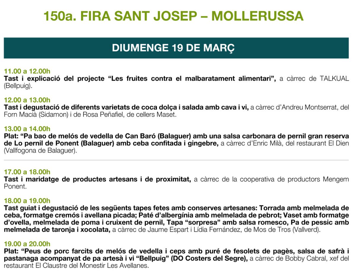 #Alimentsdelterritori | Aquest cap de setmana tindrà lloc la #FiraSantJosep de #Mollerussa.

✅ Des de la <a href="/DiputacioLleida/">Diputació de Lleida</a> organitzem una mostra gastronòmica amb tasts, degustacions i plats on productors, cuiners i enòlegs donen a conèixer el seu producte 🧑‍🍳👌

Us hi esperem!