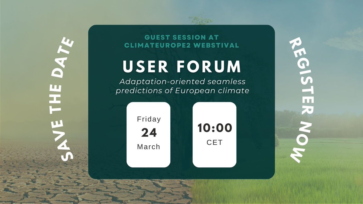 📅Fri 24 March - 10:00 CET

Our first USER FORUM will focus on seamless climate predictions for adaptation, with invited speakers from different sectors, such as agriculture.

REGISTER to our session at @climateurope2 webstival (day 3, 10:00-12:30)!
👉bit.ly/3JGnCXx