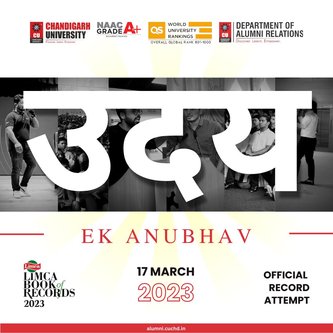 Presenting UDAY : Ek Anubhav, which is the official record attempt for Limca Book of Records.
Lock the dates because this is going to be historic!
Date: 17th March, 2023
Time: 9:00am onwards
Venue: Chandigarh University, Gharuan, Mohali
#megaevent #seminar #nextbigthing