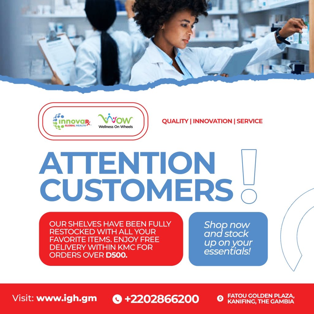 innovarxglobal's tweet photo. Great News! Our Shelves are Fully Restocked at @innovarxglobal. Visit us in-store or Shop Online at https://t.co/NQmjo1ehc2 for all your Health Needs.  

Innovarx Global Health - Your Trusted Partner in Wellness. 💙
.
.
.

#InnovarxGlobalHealth #HealthNeeds #Wellness #Restocked #ShopOnline #VisitInStore #TrustedPartner #YourHealthMatters #Gambia
