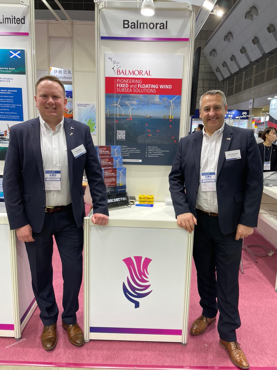 Day one complete at Wind Expo Japan in Tokyo. Ian Milne and Gary Yeoman had a busy first day showcasing Balmoral’s field-proven buoyancy and protection solutions for fixed and floating offshore wind to the Japanese audience. <a href="/ScotDevInt/">Scottish Development International</a> 

#offshorewind #renewables #windexpojapan