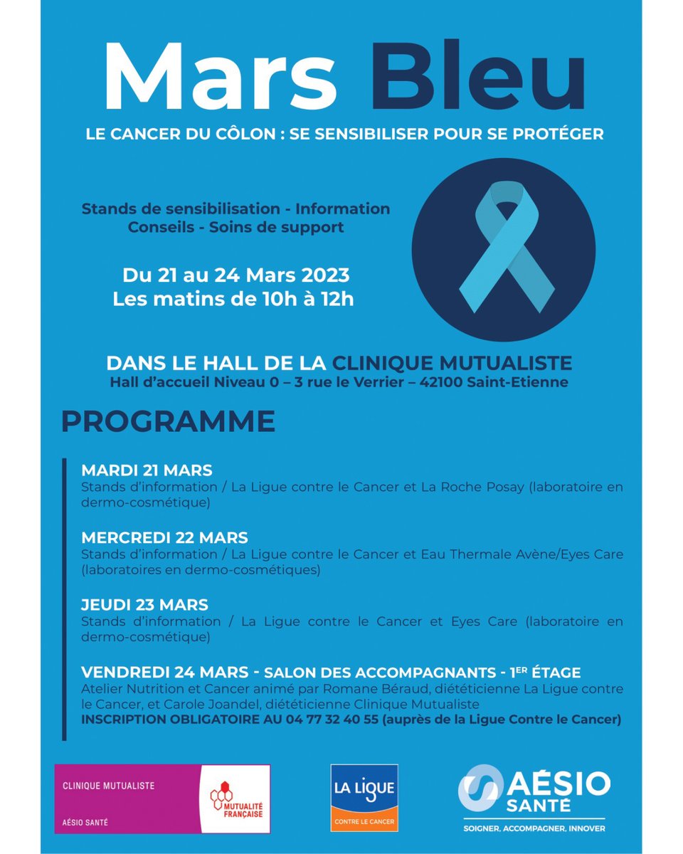 Rendez-vous du 21 au 24/03 à la Clinique Mutualiste St-Etienne AÉSIO Santé, sur notre stand de sensibilisation au dépistage du cancer colorectal
Un atelier « Nutrition et Cancer » est également proposé le 24 mars 2023, sur inscription : 04 77 32 40 55