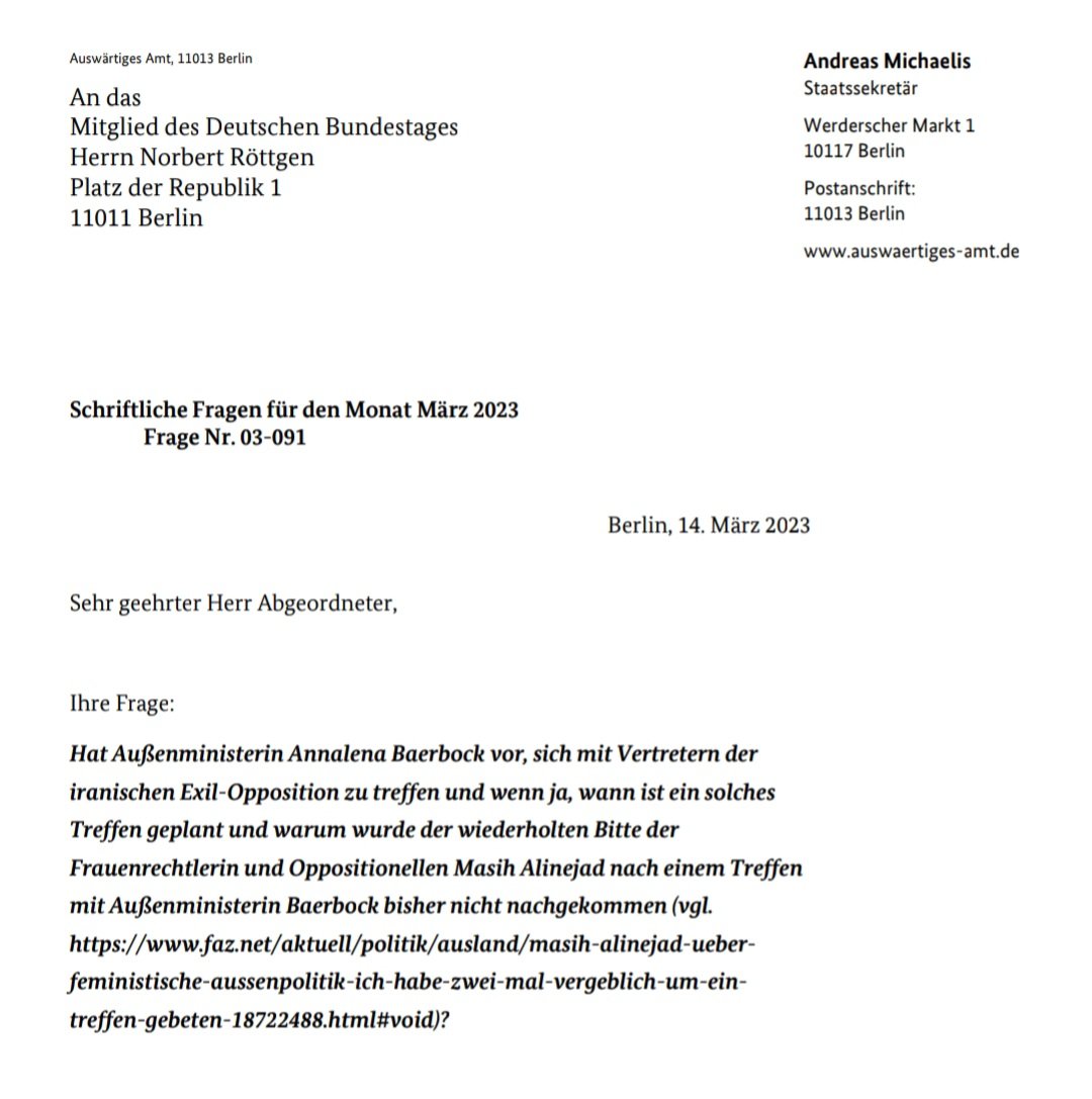 Die Frauen &amp; Männer im #Iran, die gestern wieder auf den Straßen waren, brauchen unsere volle Solidarität. Warum sich Außenministerin @ABaerbock nicht mit der Frauenrechtlerin &amp; Oppositionellen <a href="/AlinejadMasih/">Masih Alinejad 🏳️</a> treffen möchte, leuchtet mir nicht ein. #IranRevolution