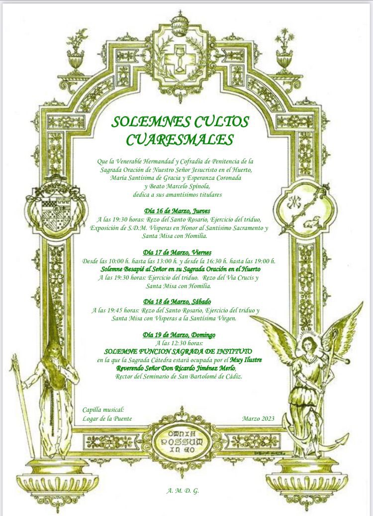 SOLEMNES CULTOS CUARESMALES 2023

Desde mañana y hasta el próximo domingo, la Hermandad celebrará (DM) el triduo y Función Principal de Instituto tal y como marcan nuestra reglas. 

Os dejamos la proclama con toda la información relativa a los mismos.