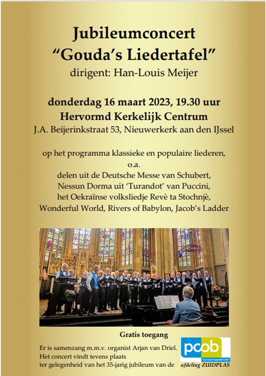 Donderdagavond gaan we verder met onze jubileumtoer. We zijn dan te gast bij de POCB in Nieuwerkerk ad IJssel, in de Nieuwe Kerk aan de J.A. Beijerinkstraat 53.
Aanvang 19:30 uur en de toegang is gratis.
Zien wij u daar ook?