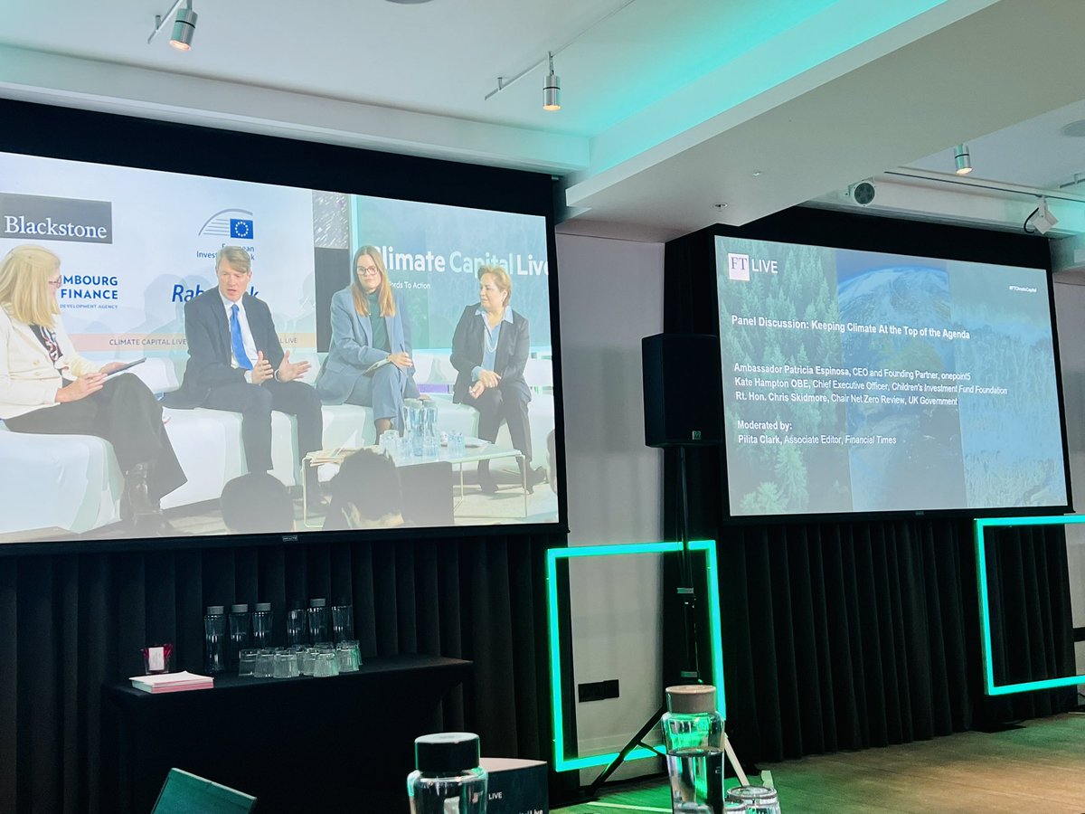 Fascinating opening panel discussion between @CSkidmoreUK @katehamptongray @PEspinosaC moderated by @pilitaclark on what we can do to keep #netzero at the top of the agenda amidst so many competing global priorities @FT #ftclimatecapital