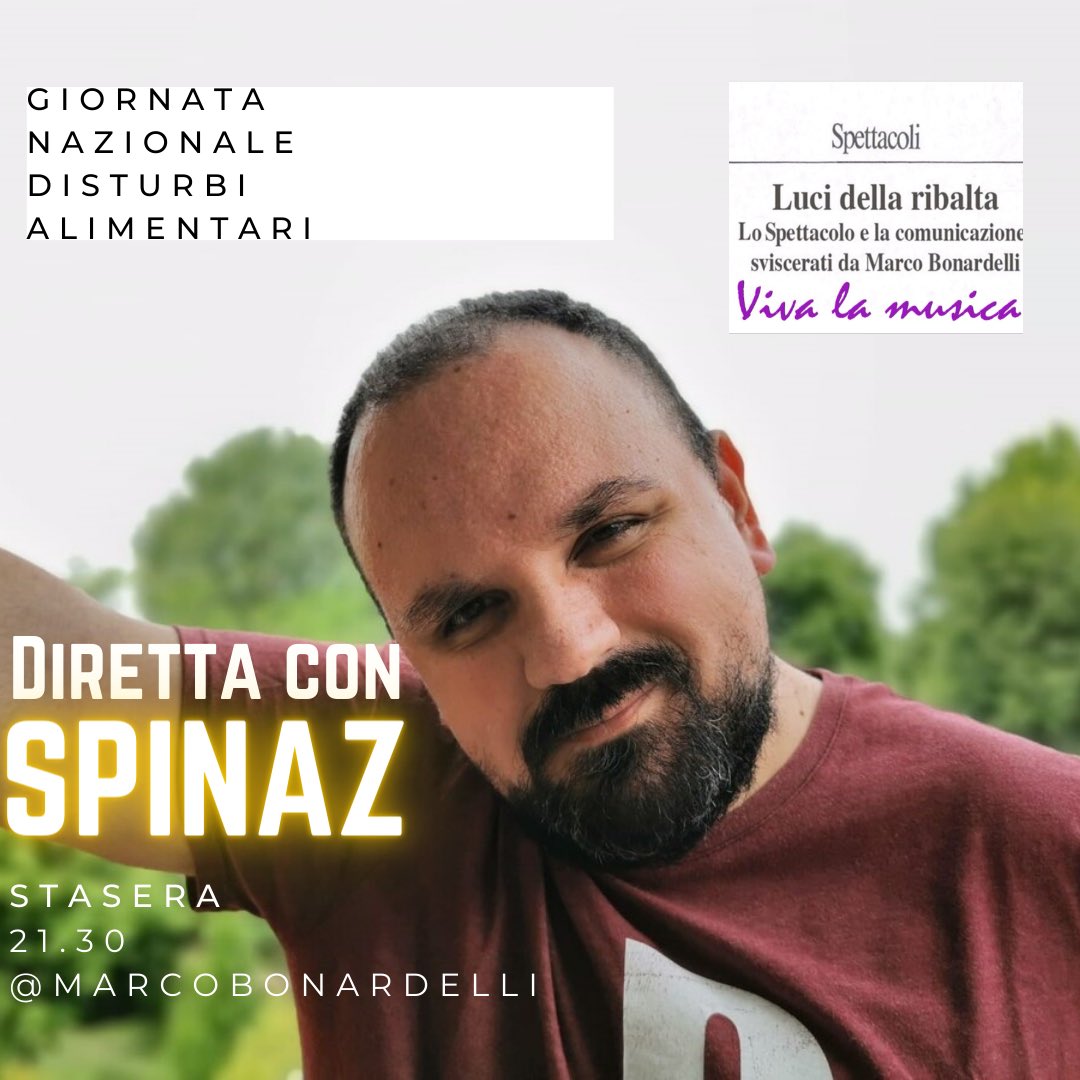 Stasera alle 21.30 a “Luci della ribalta - Viva la musica” il cantautore tarantino Spinaz (Mauro Spinazzola), che ha pubblicato nei giorni scorsi il singolo “Fondotinta”.  Vi aspetto sul mio profilo Instagram (<a href="/marcobonardelli/">Marco Bonardelli</a>).