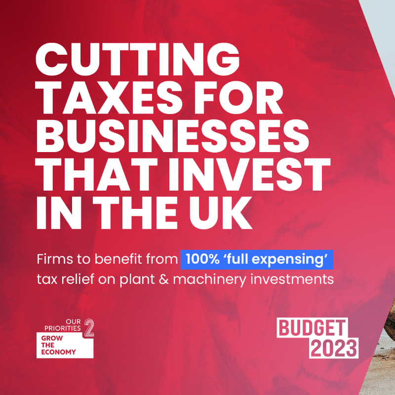 hmtreasury's tweet photo. Full expensing will come in from 1 April, cutting tax for companies that want to invest in the UK, reducing their tax by up to 25p for every £1 they spend on plant and machinery.