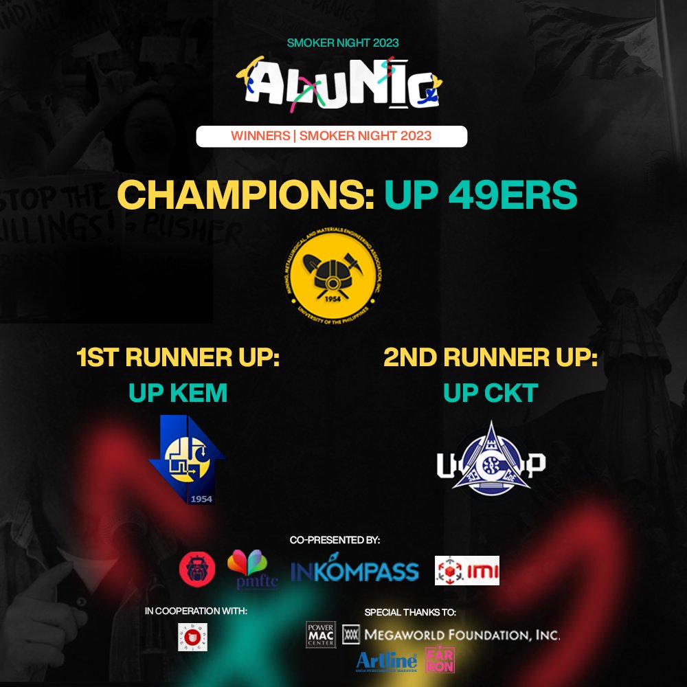 [WINNERS]

Pagpupugay sa tatlong organisasyong nagwagi sa Alunig: Smoker Night 2023!

#Alunig
#EnggWeek2023
#SmokerNight2023