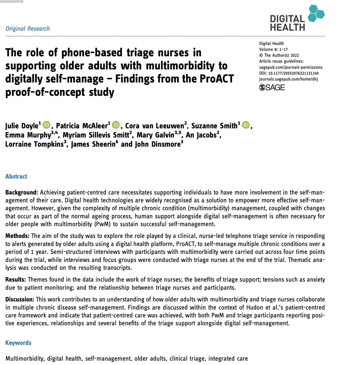 johndinsmore's tweet image. Recent @ProACT2020 Publication #digitalhealth #multimorbidity #Nursing - The role of phone-based triage nurses in supporting older adults with multimorbidity to digitally self-manage – Findings from the ProACT proof-of-concept study: journals.sagepub.com/doi/pdf/10.117…
