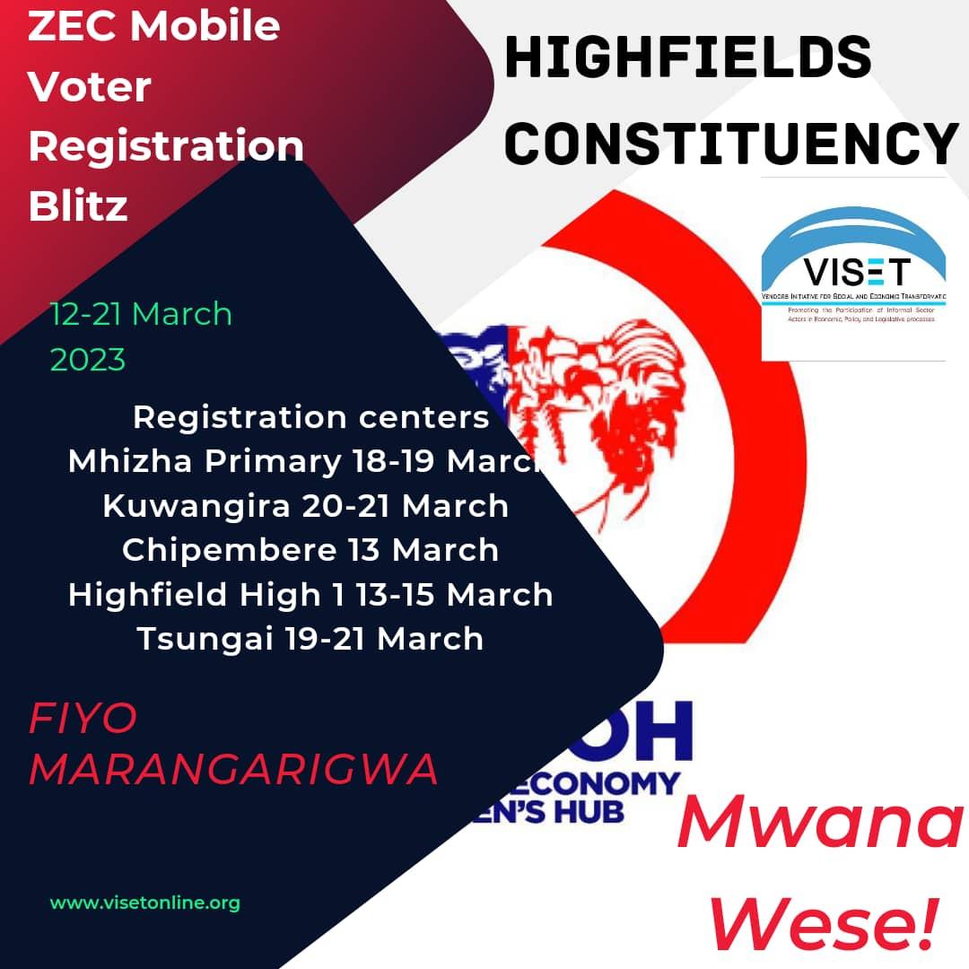 visetinfo's tweet photo. Vagari ve Fiyo huyai muzviwonere mazuva akatarwa kuti munyorese kuzovhota nechirongwa che #VoterRegistrationBlitz ne boka re @ZECzim musapotsane nemukana uyu panzvimbo ne misi iri pazasi apa!#VendorsAreVoters #V3C #RegisterToVoteZW #Usasaririra @ProjectVote263 @ercafrica @NDI https://t.co/nvvtLT9bNe
