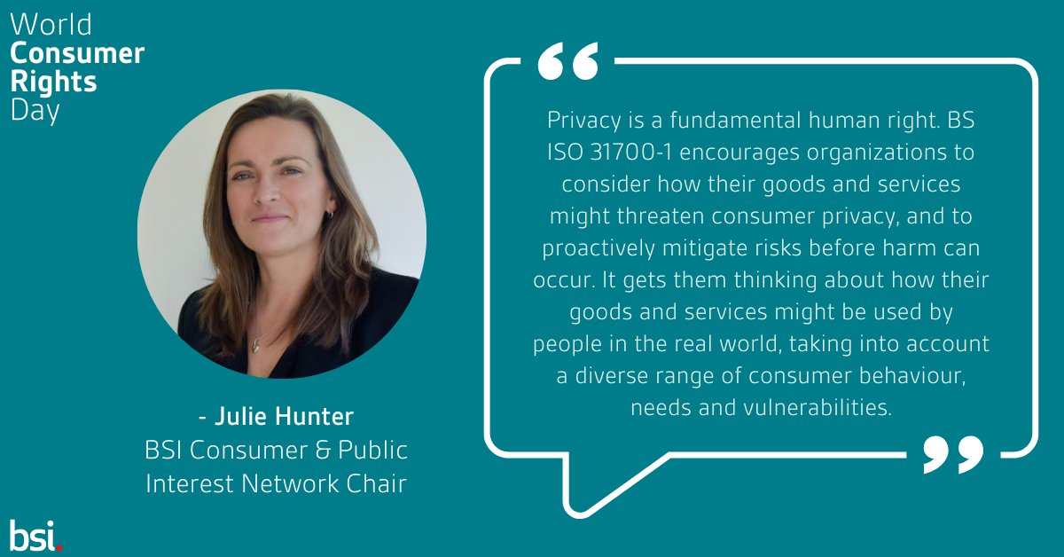 This #ConsumerRightsDay, CPIN Chair, Julie Hunter <a href="/ConsumerJulie/">Julie Hunter</a> emphasises the vital role that standards play in consumer protection. The newly published BS ISO 31700-1, led by CPIN, supports multiple strands of consumer rights. Read more here: bit.ly/3YKjUAC #WCRD2023