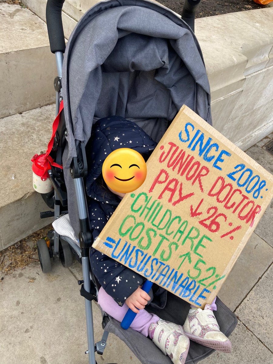 First picket line for my toddler! With mounting student debt, childcare and other costs rising it’s just not sustainable. Junior Doctors for full #PayRestoration #JuniorDoctorsStrikes @BMA_JuniorDocs