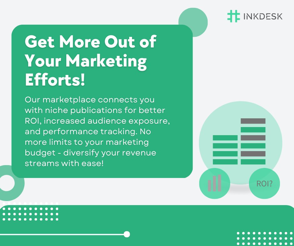 InkdeskHQ's tweet photo. Maximize your niche's traffic with our marketplace! Connect with top publications for increased ROI, target audience reach, and performance tracking. Say goodbye to limited marketing budgets and hello to new revenue opportunities.

Visit https://t.co/FDtYeIycnI for more info https://t.co/suSvPD48uX