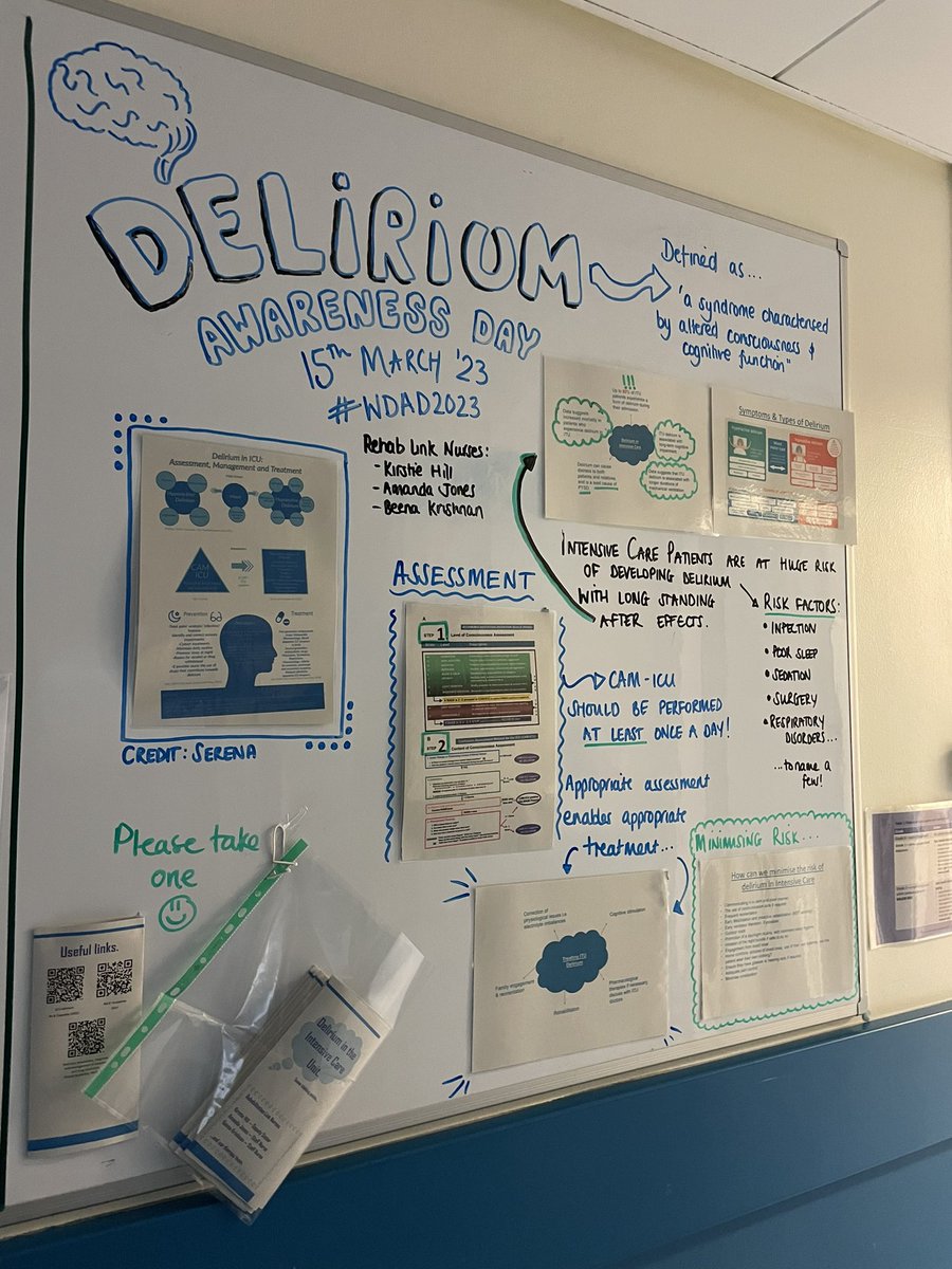World Delirium Awareness Day. Bringing info to the staff &amp; making it relevant to ICU! Up to 83% of ICU pts experience delirium. Let’s reduce risk, assess, identify, support! Courtesy of the Rehab Link Nurses on LRI ITU 😊<a href="/Leic_hospital/">Leicester's Hospitals</a> <a href="/ActivitiesUhl/">Meaningful Activities UHL</a>