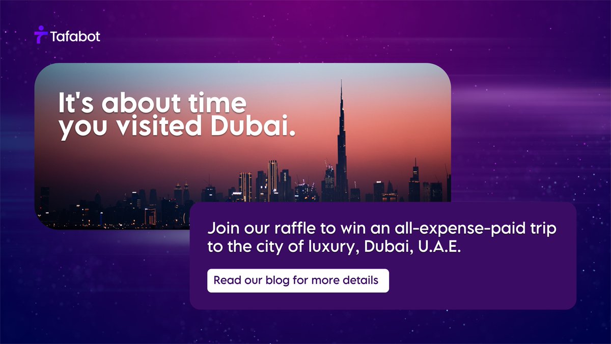 tafabot's tweet photo. 🎉 Feeling lucky? Enter our raffle contest and you could be jetting off to Dubai, UAE for FREE! ✈️🌴
Check out the mechanics now at https://t.co/Q9hpn31vFg and start dreaming of your Dubai adventure! 🌴🏰
#DiscoverDubai #WinATrip #RaffleContest #TravelGoals #BucketList #DubaiLife #DubaiLuxury