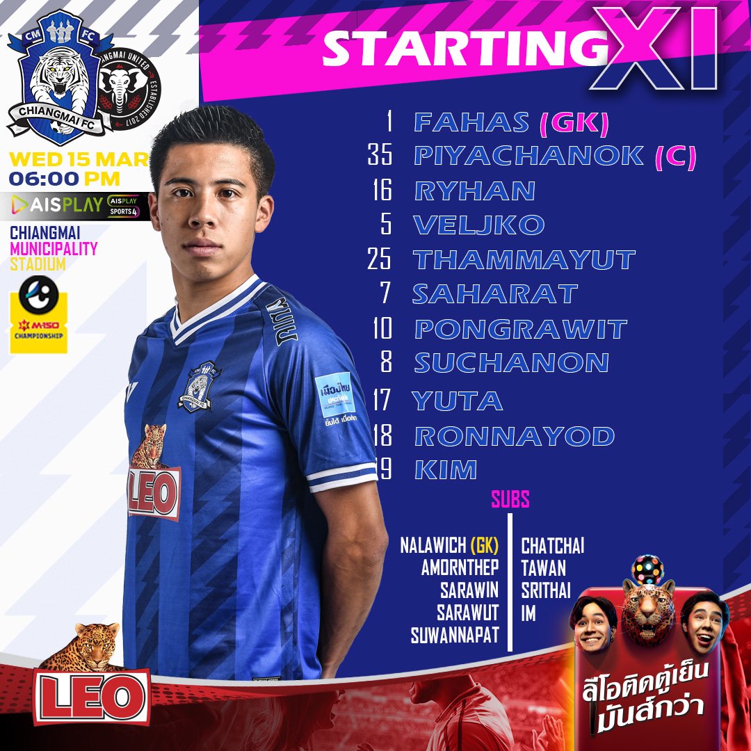 🕖 CMFC LIVE: CMFC 0-0 CMUTD ⁣⁣ | T2 | Kick OFF 07.00 PM 🕖
Live: AIS PLAY SPORT 4

ฟาหัส (GK), ปิยะชนก (C), ไรฮาน, ธรรมยุทธ, เวลจ์โก, สหรัฐ, รณยศ, คิม, พงศ์รวิช, ยูตะ, สุชานนท์

#THETIGERSTIME
#ChiangmaiFC #CMFC⁣⁣⁣⁣⁣⁣⁣
#ChiangmaiIsBlue💙⁣⁣⁣