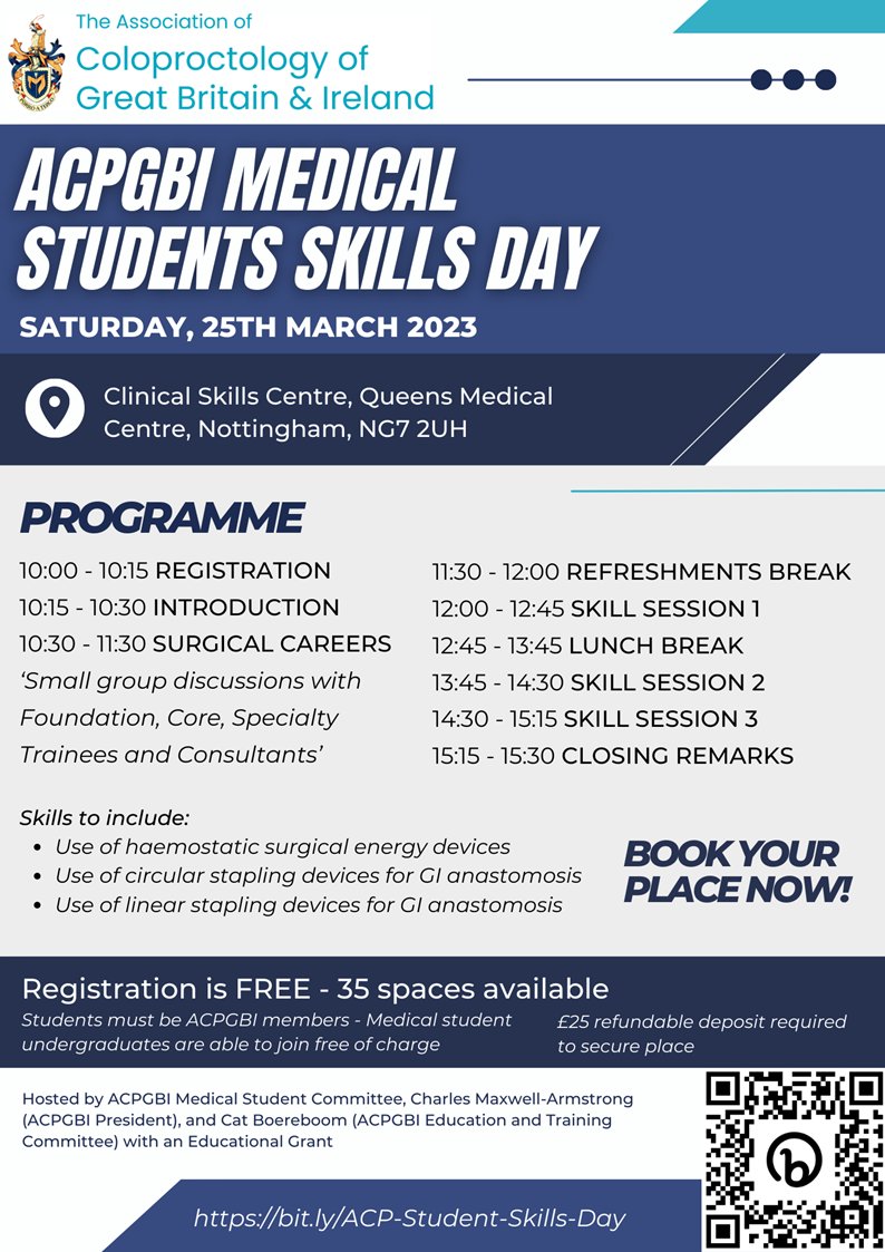 Delighted to announce a Medical Students Skills Day The skills sessions will include use of
⏩haemostatic surgical energy devices
⏩circular stapling devices for GI anastomosis
⏩linear stapling devices for GI anastomosis
🆓Reg <a href="/ACPGBI/">@ACPGBI</a> Student members
🔗bit.ly/ACP-Student-Sk…