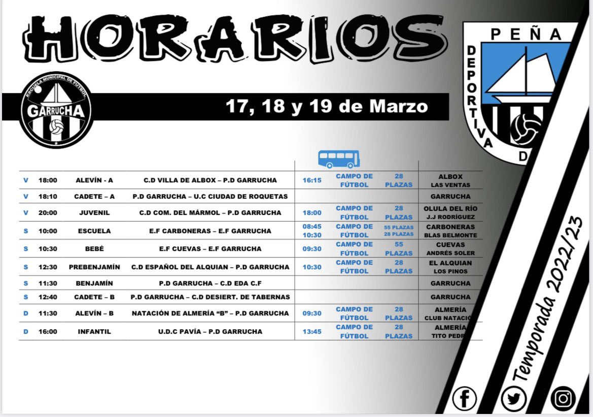 EF_GARRUCHA's tweet photo. HORARIO DE PARTIDOS DEL VIERNES 17, SÁBADO 18 Y DOMINGO 19 DE MARZO!!⚪️⚫️⚽️💪
#PDG1927
#EFG1992
#UnEquipoUnaIlusion ⚪️⚫️⚽️👌 https://t.co/xtxf5I3utK