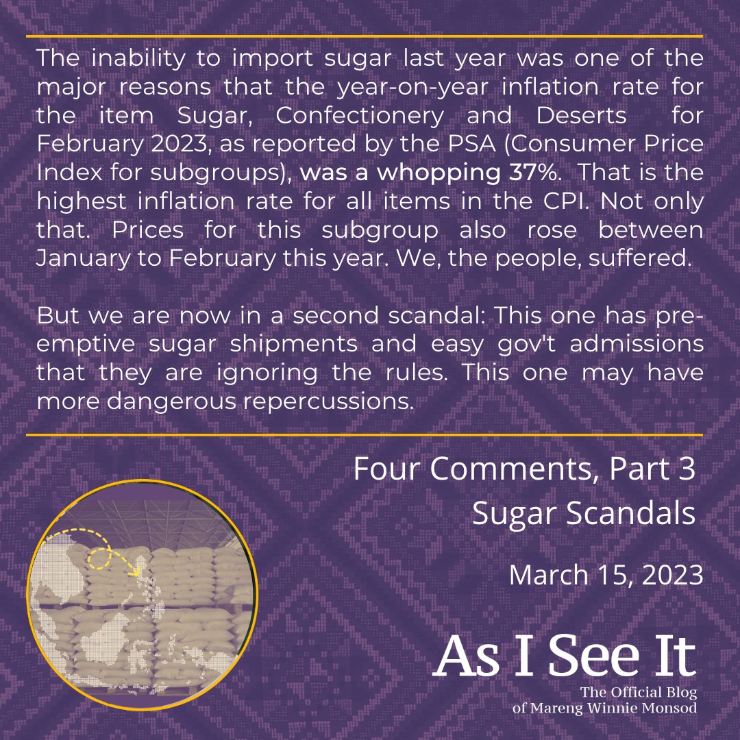 MWinnieMonsod's tweet photo. We're in the middle of another sugar import scandal. What does it mean? In short: we, the people, the consumers, pay for it. We already pay at least 80% more for sugar than in 2021. What will this new importing "arrangement" mean for us? Read more at: https://t.co/Zim1AtNWvR https://t.co/QMgcyzUhGU