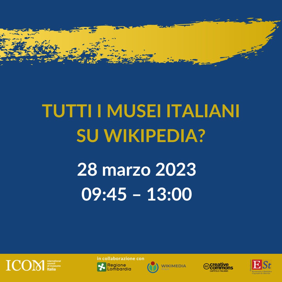 [WEBINAR]
Presentazione del progetto “TUTTI I MUSEI ITALIANI SU WIKIPEDIA”, un supporto concreto per gli istituti culturali italiani
📆 28 marzo 2023 | 09:45 – 13:00 
con Regione Lombardia 

💻Scopri di più: icom-italia.org/webinar-tutti-… 

#ICOMTogether #ICOMItalia #museofuturooggi