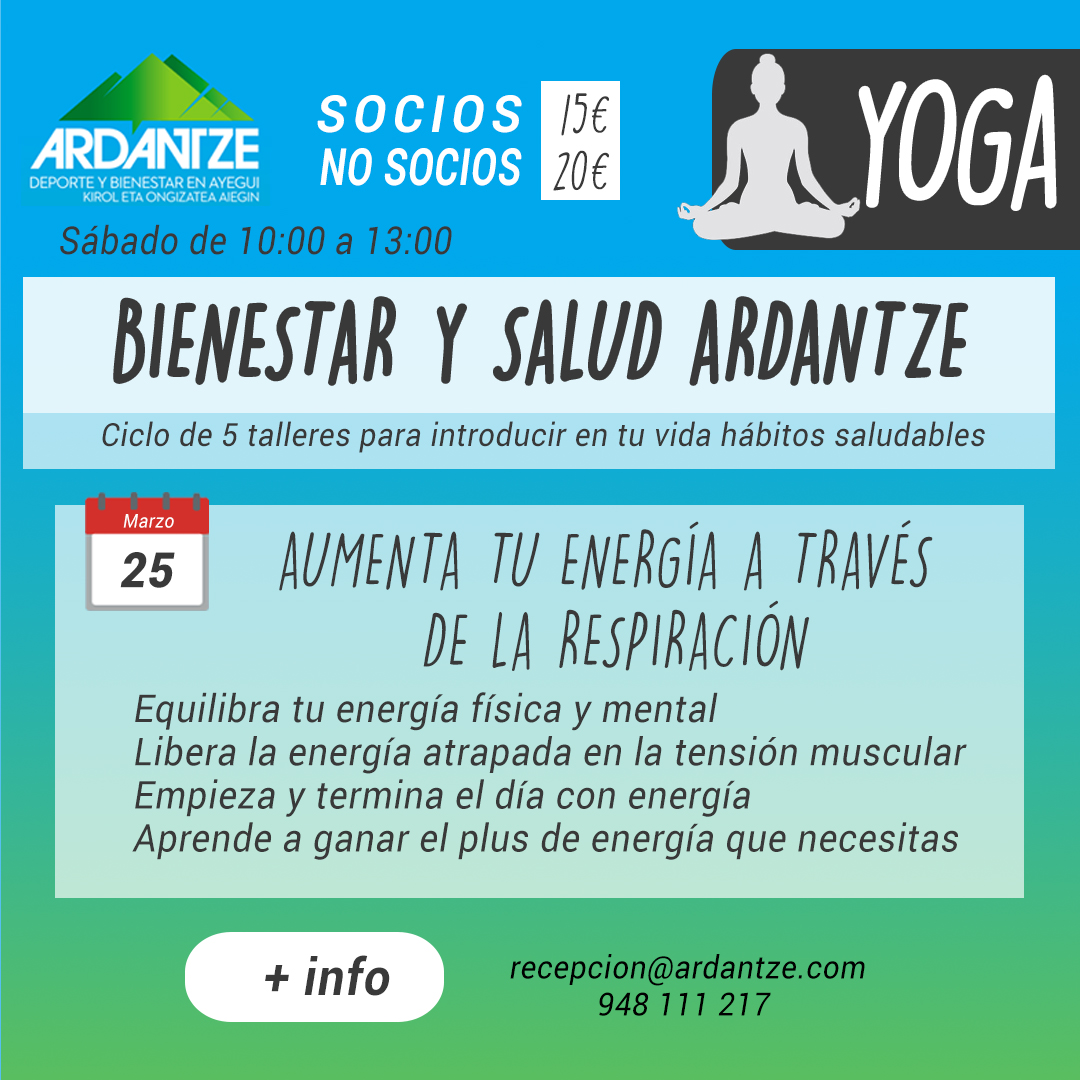 ¡Ya tenemos en marcha nuestro segundo taller de Bienestar y salud en Ardantze!
Este taller lo dedicaremos a cómo aumentar tu energía y vitalidad a través de la respiración.
Será el 25 de marzo de 10 a 13h en Ardantze y ya lo tienes disponible en nuestra Resasport. Reserva ya!