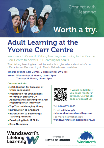 WBCLLearning's tweet photo. WCLL is at the Yvonne Carr Centre SW8 4HT on 22nd March @11 advising on available #courses. #Tutors & #Careers officers will be on hand to talk about your education & training needs. Further info: https://t.co/Kd6IozAVgk
#ESOL #TeachingAssistant #ICT #numeracy #moneymanagement https://t.co/kb2aqaLYhr