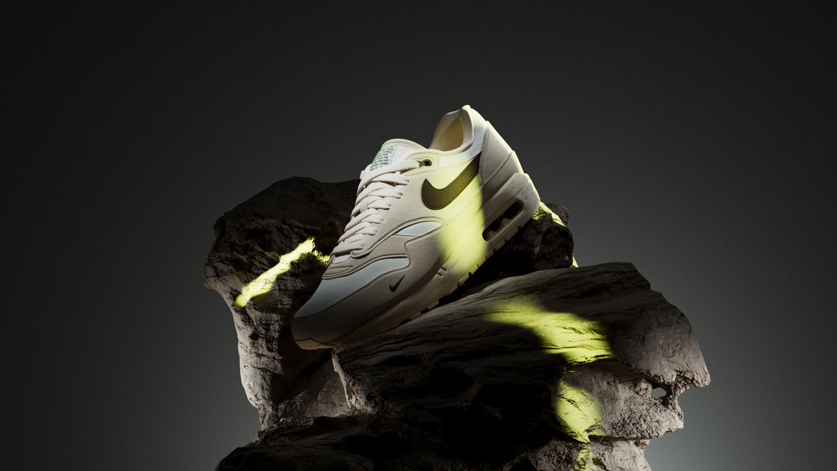 rathniley's tweet photo. Nike Air Max 1 "Sail Ironstone" Style Frames 💚

This week's lighting and material R&amp;D at @uns__nstudio

Rendered in @redshift3d #3d #artdirection #redshift https://t.co/UYRC4VKUPV
