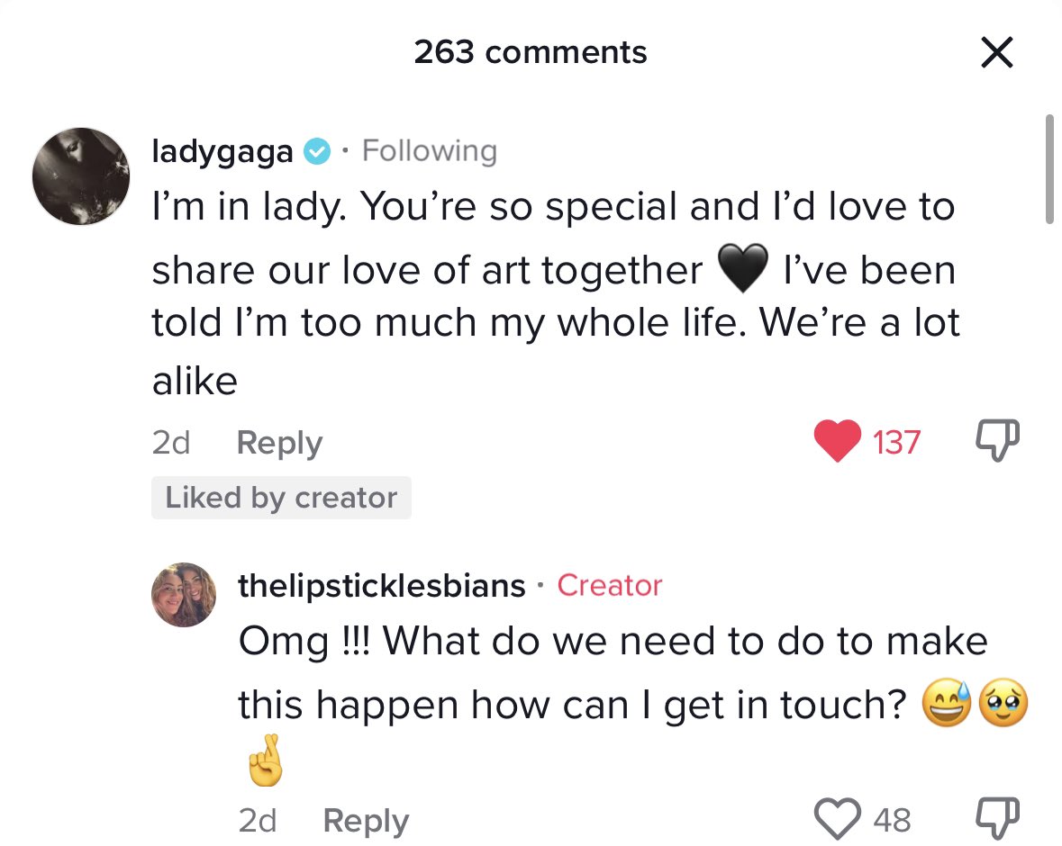 I’m so happy Gaga found thelipsticklesbians on TikTok. so kind and passionate about makeup. I’d love to see Gaga do a video w them tbh