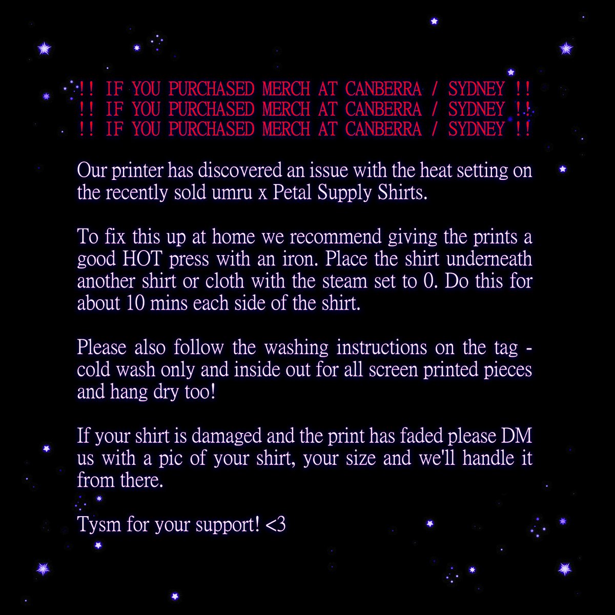 PSA IF YOU BOUGHT MERCH IN CANBERRA/SYDNEY THIS WEEKEND!!