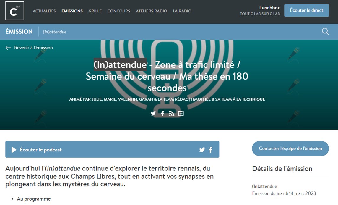 SemCerveau35's tweet photo. Merci à @RadioClab  pour la mise en avant de la @Semaine_Cerveau dans son émission "(In)attendue" du 14 mars. Pour écouter la présentation de notre événement par le Dr @Manon_Auffret, RDV sur le podcast à 19:50 : https://t.co/tIFF36KHGo https://t.co/HRdQVxaJAs