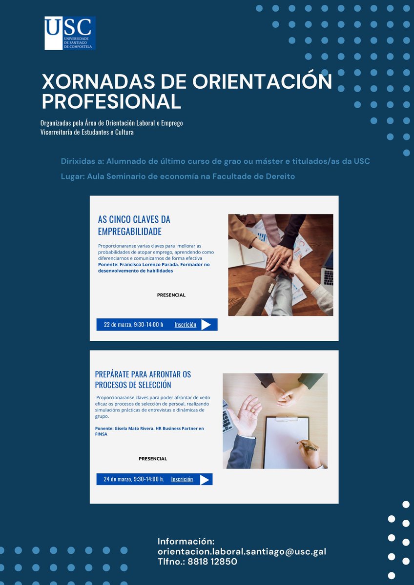 📢Xornadas de #Orientación #Profesional da Área de Orientación Laboral da <a href="/UniversidadeUSC/">USC</a> 
22/03/23 As cinco claves da #empregabilidade 
bit.ly/3ZNtdB1
24/03/23 Prepárate para afrontar procesos de #selección  bit.ly/3liIqen
Prazas limitadas‼️ 
En <a href="/Dereito_USC/">__</a>