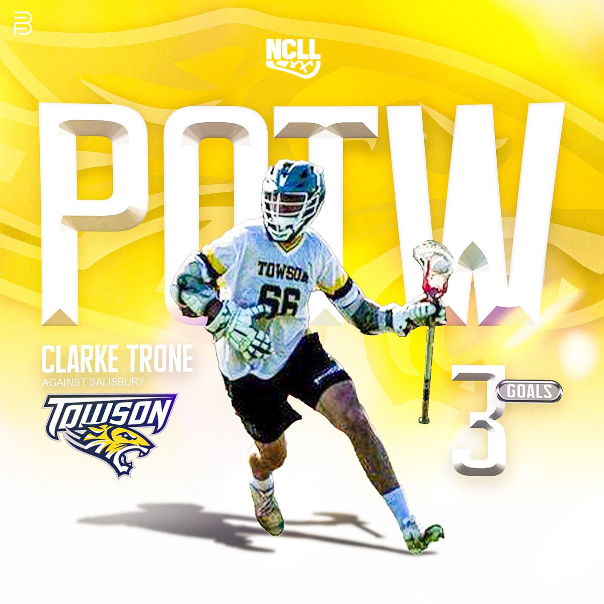 NCLLax's tweet photo. Division I Player of the Week as Clarke Trone’s 3 goals and one assist lead @TUClubLax to their 3rd straight win #NCLLAX #NCLL (Presented by @powelllacrosse) https://t.co/kmFnqWc1hA