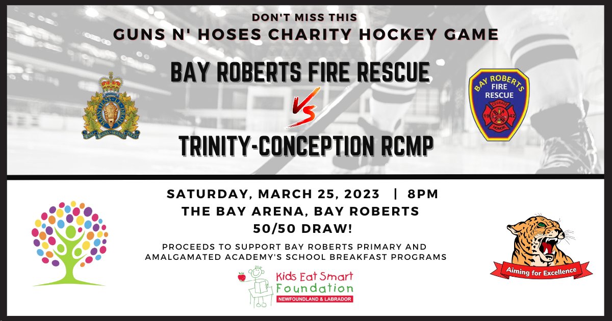 RCMP Newfoundland and Labrador (@rcmpnl) on Twitter photo Don’t miss the charity hockey game between Bay Roberts Fire Rescue & Trinity Conception RCMP on Sat. March 25 at 8 PM @ The Bay Arena in Bay Roberts. All proceeds from the game support local school breakfast programs. <a href="/Town_BayRoberts/">Town of Bay Roberts</a> <a href="/BRPKto3/">Bay Roberts Primary</a> <a href="/Amalgamated_NL/">Amalgamated Academy</a> <a href="/KidsEatSmartNL/">Kids Eat Smart</a> Don’t miss the charity hockey game between Bay Roberts Fire Rescue & Trinity Conception RCMP on Sat. March 25 at 8 PM @ The Bay Arena in Bay Roberts. All proceeds from the game support local school breakfast programs. <a href="/Town_BayRoberts/">Town of Bay Roberts</a> <a href="/BRPKto3/">Bay Roberts Primary</a> <a href="/Amalgamated_NL/">Amalgamated Academy</a> <a href="/KidsEatSmartNL/">Kids Eat Smart</a>