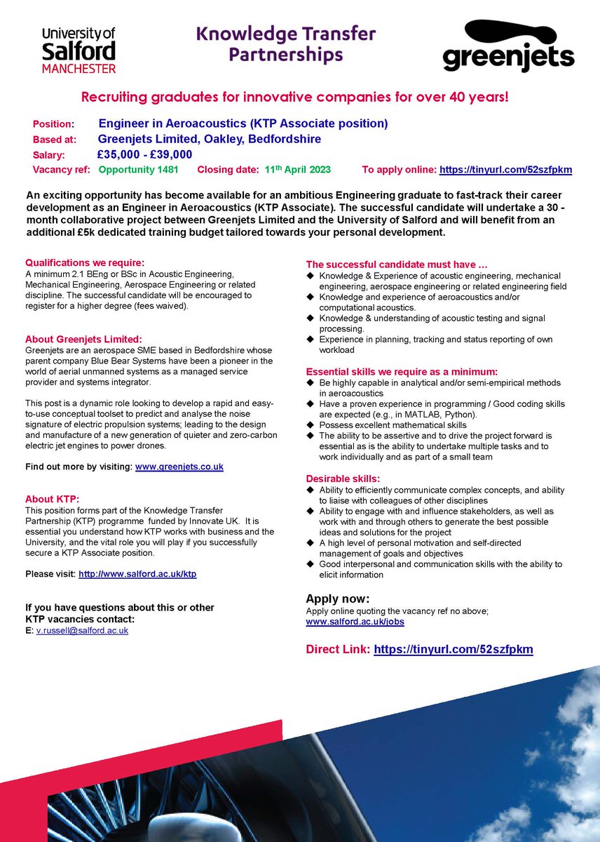 Looking for a new challenge? A new KTP opportunity for an Engineer in Aeroacoustics has become available working with <a href="/ajtorija/">Prof Antonio J Torija</a> and Greenjets! Salary is £35-£39k. Interested? Apply now!  tinyurl.com/52szfpkm
