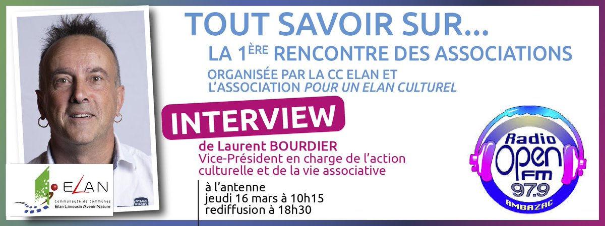 CCElan87's tweet photo. 🎙️Rendez-vous sur https://t.co/lVZyvitJG1 pour l'interview de Laurent Bourdier, vice-président de la @CCElan87 en charge de la culture et de la vie associative, le jeudi 16 mars à 10h15. ➡️Il présentera la 1e rencontre des associations qui se tiendra le 1er avril à Compreignac ! https://t.co/5PYgKuhqLk