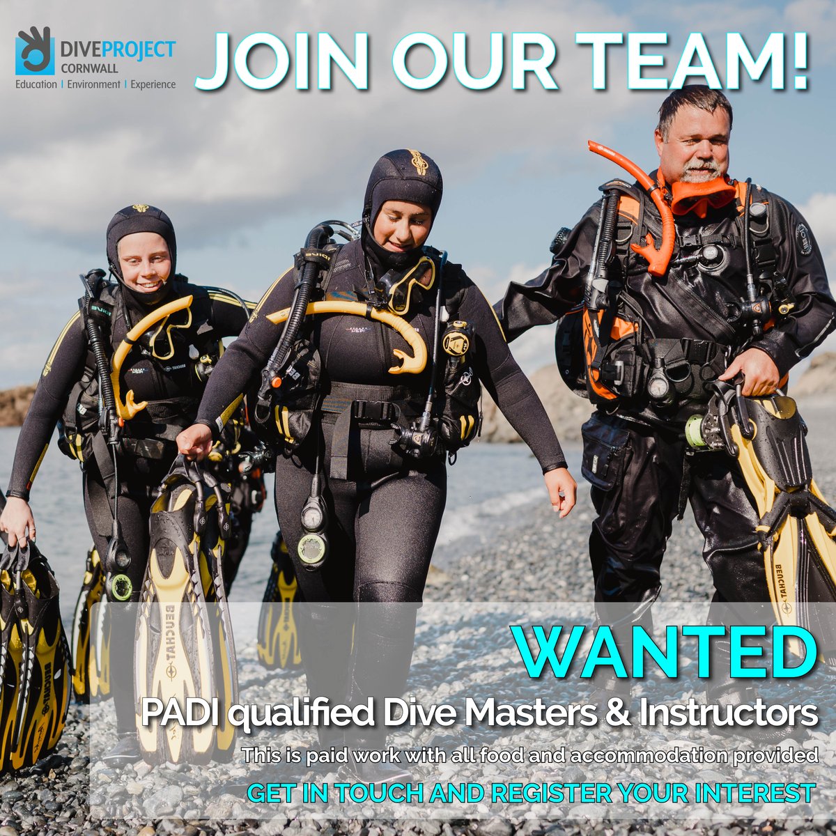 Join the <a href="/thediveproject/">Dive Project Cornwall</a>! The Dive Project Cornwall are looking for PADI instructors to instruct in pool and ocean settings throughout their dive season. Get in touch with them through their website for more details: diveprojectcornwall.co.uk