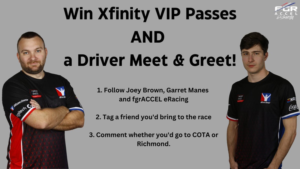 fgrACCEL eRacing (@fgraccele) on Twitter photo We're giving away a pair of VIP passes to the <a href="/NASCAR_Xfinity/">NASCAR Xfinity</a> races at <a href="/COTA/">Circuit of The Americas</a> & <a href="/RichmondRaceway/">Richmond Raceway</a> and a chance to meet <a href="/JoeBrosef14/">Joey Brown</a> and <a href="/GarrettManes/">Garrett Manes</a>. Follow the steps below to enter!
<a href="/coversealcovers/">CoverSeal</a> <a href="/The_GCoin/">G-Coin®</a> <a href="/GtechniqA/">Gtechniq North America</a> <a href="/buckedup/">Bucked Up</a> <a href="/fgrACCEL/">fgrACCEL</a> <a href="/enascargg/">ENASCAR</a> <a href="/iRacing/">iRacing</a> We're giving away a pair of VIP passes to the <a href="/NASCAR_Xfinity/">NASCAR Xfinity</a> races at <a href="/COTA/">Circuit of The Americas</a> & <a href="/RichmondRaceway/">Richmond Raceway</a> and a chance to meet <a href="/JoeBrosef14/">Joey Brown</a> and <a href="/GarrettManes/">Garrett Manes</a>. Follow the steps below to enter!
<a href="/coversealcovers/">CoverSeal</a> <a href="/The_GCoin/">G-Coin®</a> <a href="/GtechniqA/">Gtechniq North America</a> <a href="/buckedup/">Bucked Up</a> <a href="/fgrACCEL/">fgrACCEL</a> <a href="/enascargg/">ENASCAR</a> <a href="/iRacing/">iRacing</a>